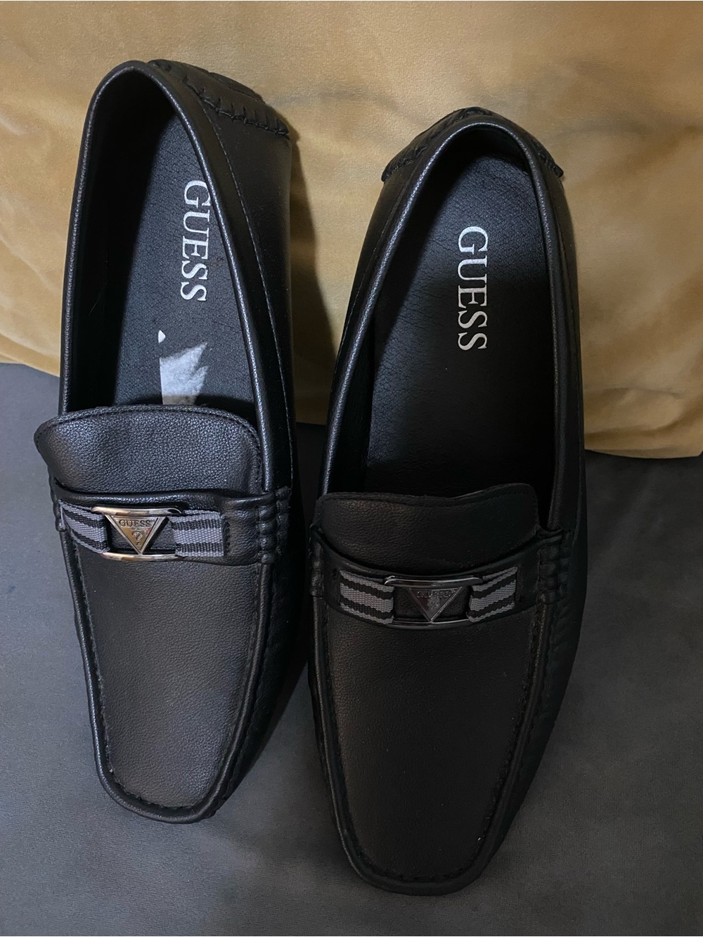 GUESS Black Leather Penny Loafers with Branded Triangle Accent size 12.5
